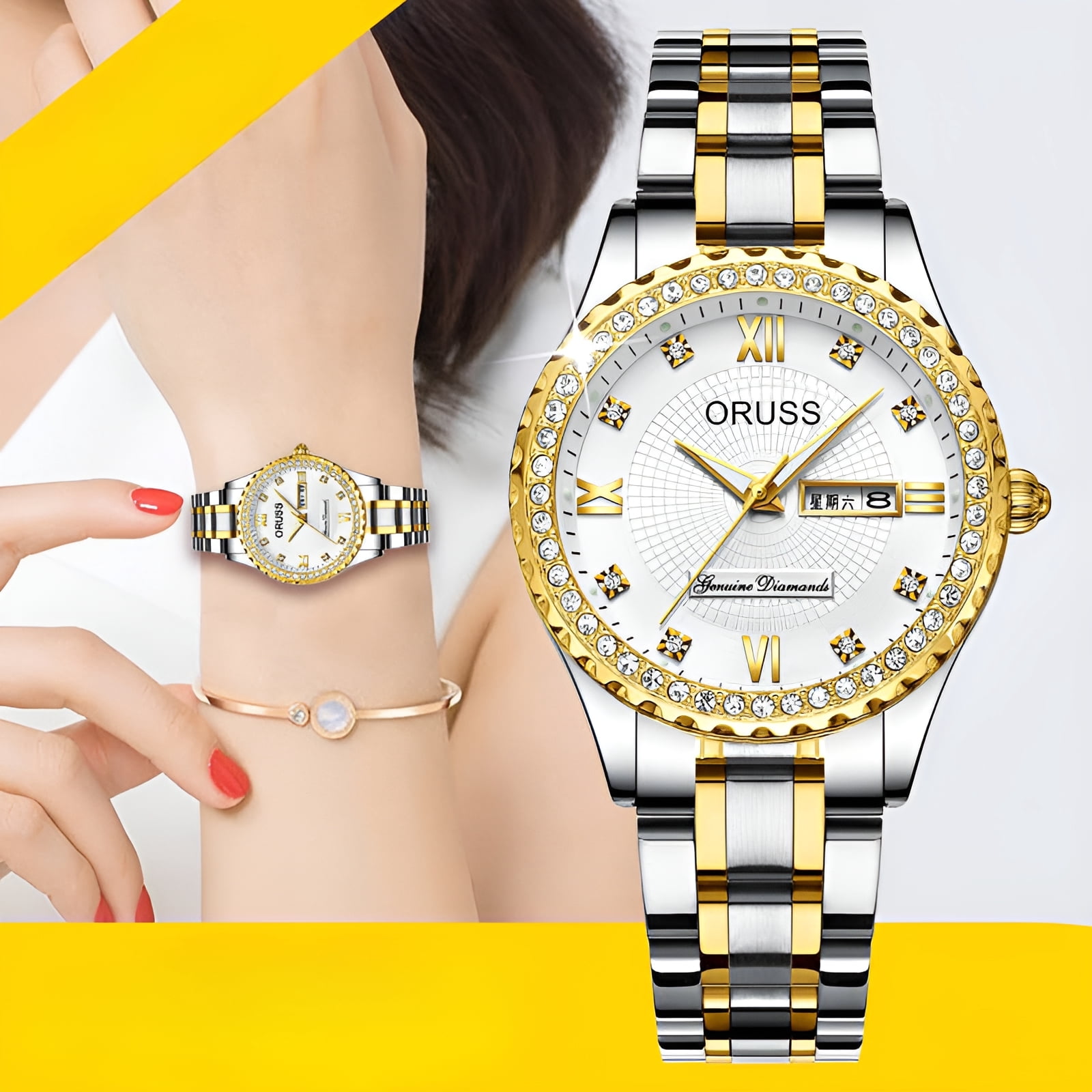 Women's Diamond Quartz Watch, Date Day Display, Luminous, Stainless Steel Band, Luxury Wristwatch