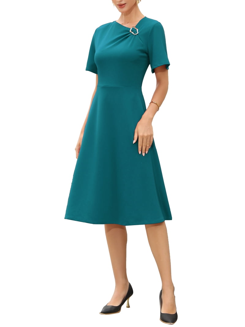 INSPIRE CHIC Work Dress for Women A-Line Short Sleeve Business Elegant Midi Dresses M Peacock Blue