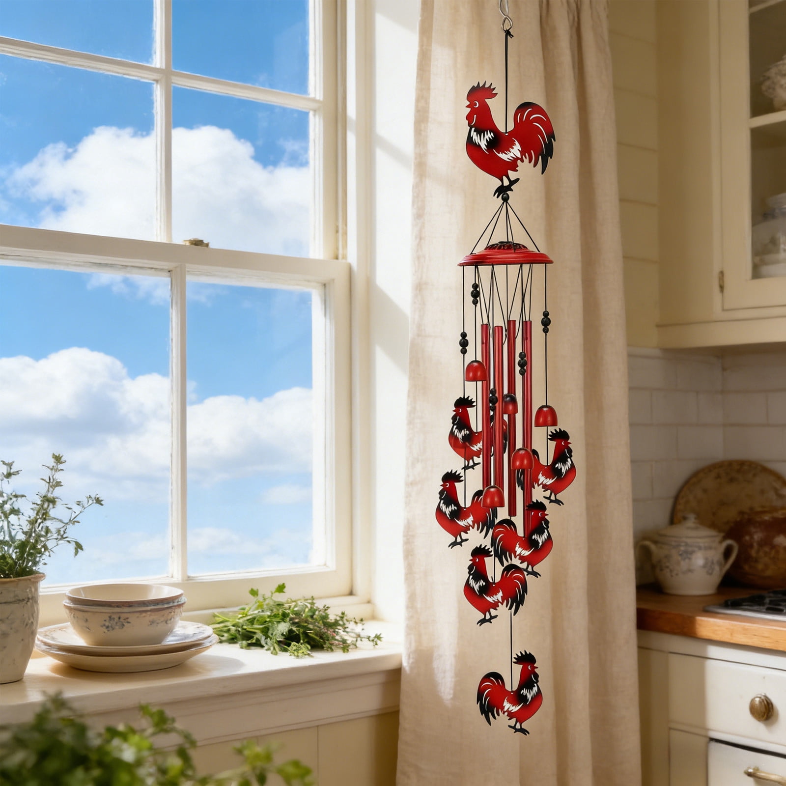 Metal Red Rooster Chicken Animals Wrought Iron Aluminum Tube Wind Chime Courtyard Outdoor Decoration Retro Hanging Bell