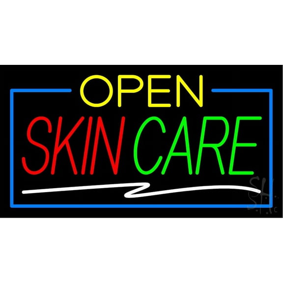 Green Open Skin Care Blue Border LED Neon Sign 13 x 24 - inches, Black Square Cut Acrylic Backing, with Dimmer - Bright and Premium built indoor LED Neon Sign for Spa interior decor and storefront.