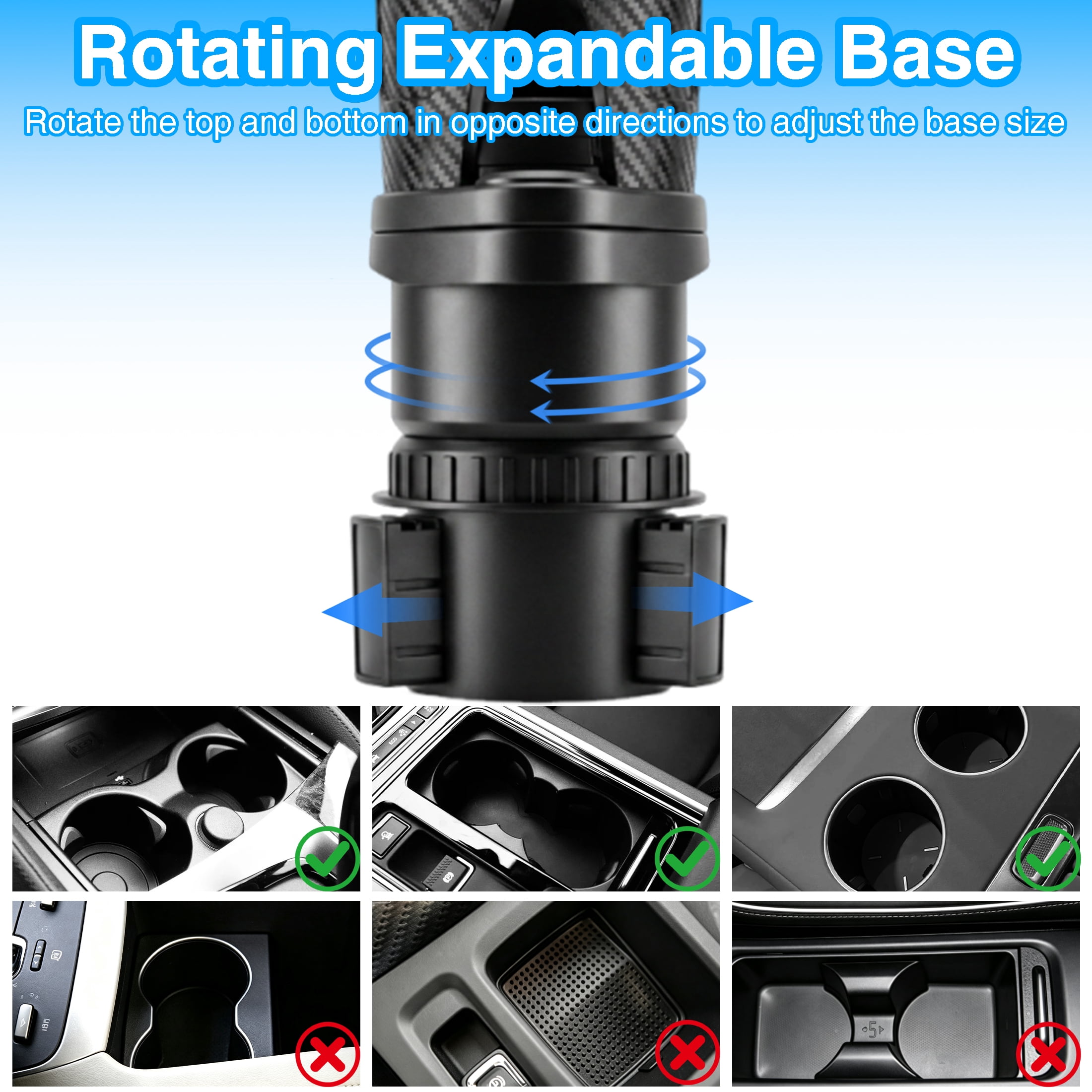 GARITIN 2 in 1 Car Cup Holder Expander, 360° Rotating Dual Car Cup Holder Extender, Adjustable Anti‑Slip Car Drink Holder for Large Water