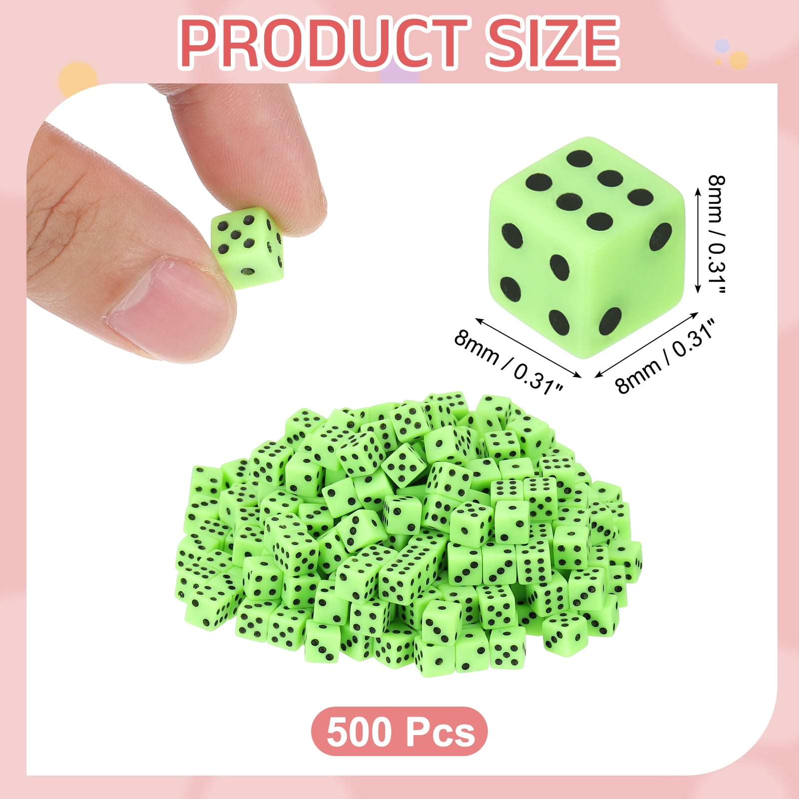 500Pack Mini Dice, 8mm/0.31" Acrylic Tiny Six Side Game Dot Square Dice Bulk for Table Board Game Party Activities, Green/Black