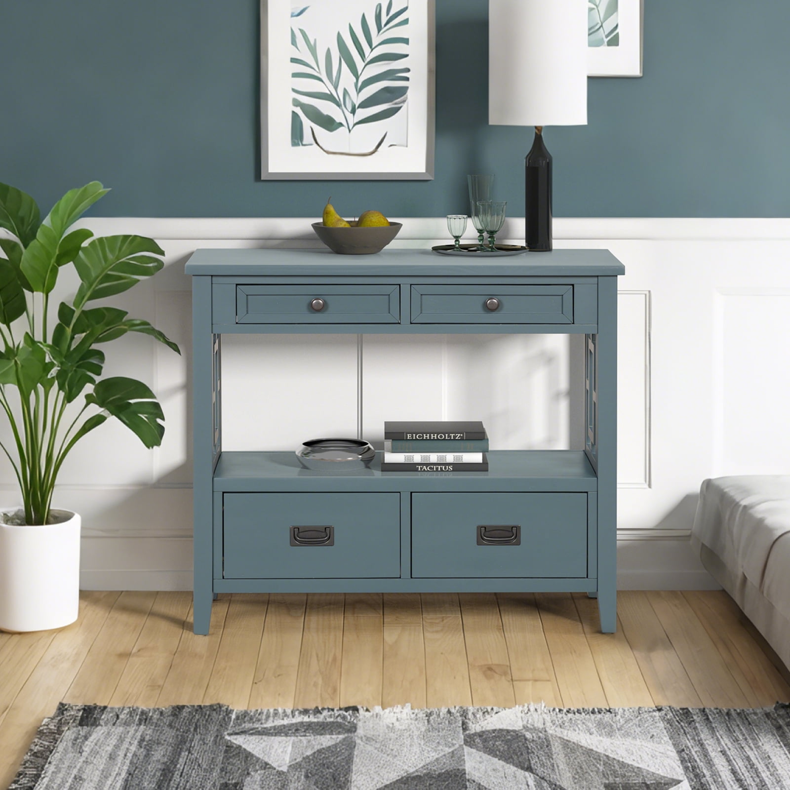 36'' Farmhouse Console Table,Pine Wood Entryway Table with 4 Drawers & 1 Storage Shelf for Entryway Living Room Hallway Kitchen (Blue Green)