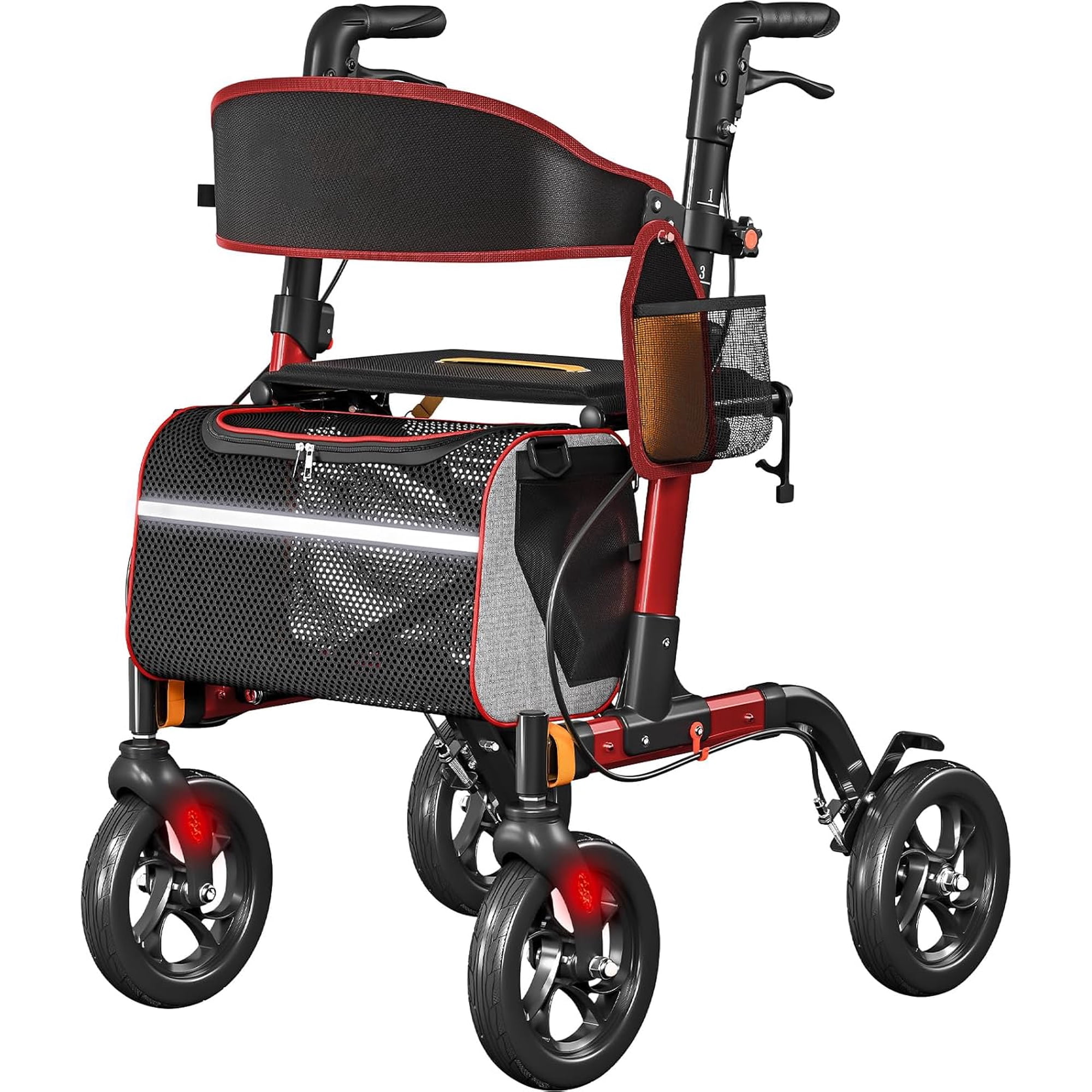 Walkers for Seniors with Seat, Rollator Walker with 18" W Seat and 8" All-Terrain Wheels, 350 Lb Weight Capacity, 6-Level Adjustable Height, Aluminum Frame, Foldable Rolling Walker, Red