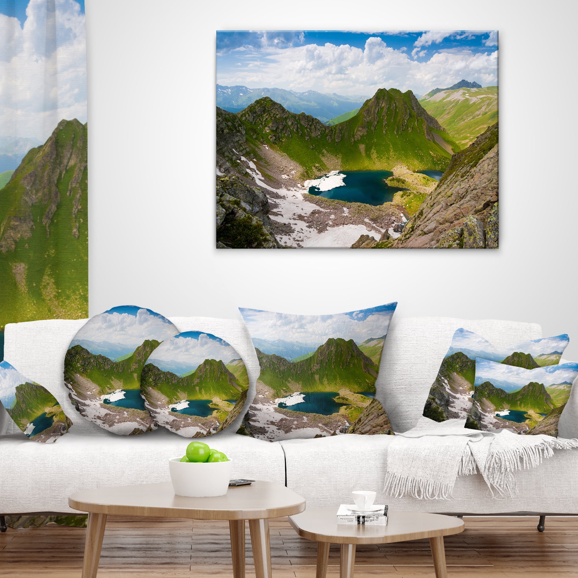 Designart Mountain Lake View on Bright Day - Landscape Printed Throw Pillow - 16x16