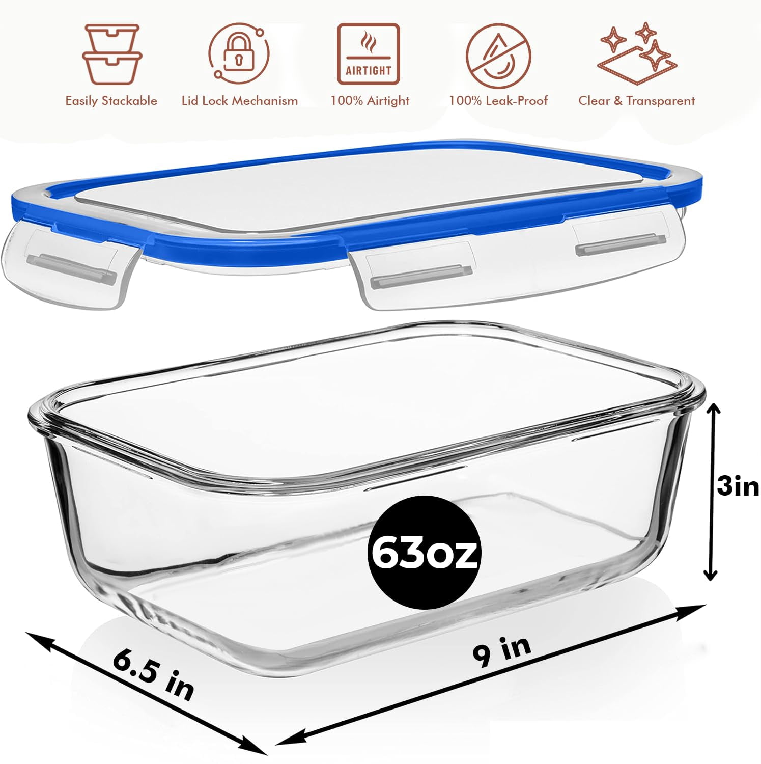 Blue 4 Piece 1860ml Large Glass Food Storage Containers with Lids for meal prep and leftover storage