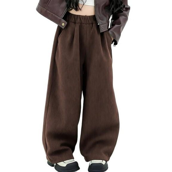 CYRBOKO Girls Winter Pants, Casual Elastic Waist Loose Corduroy Wide Leg Pants Brown Size 14-15 T