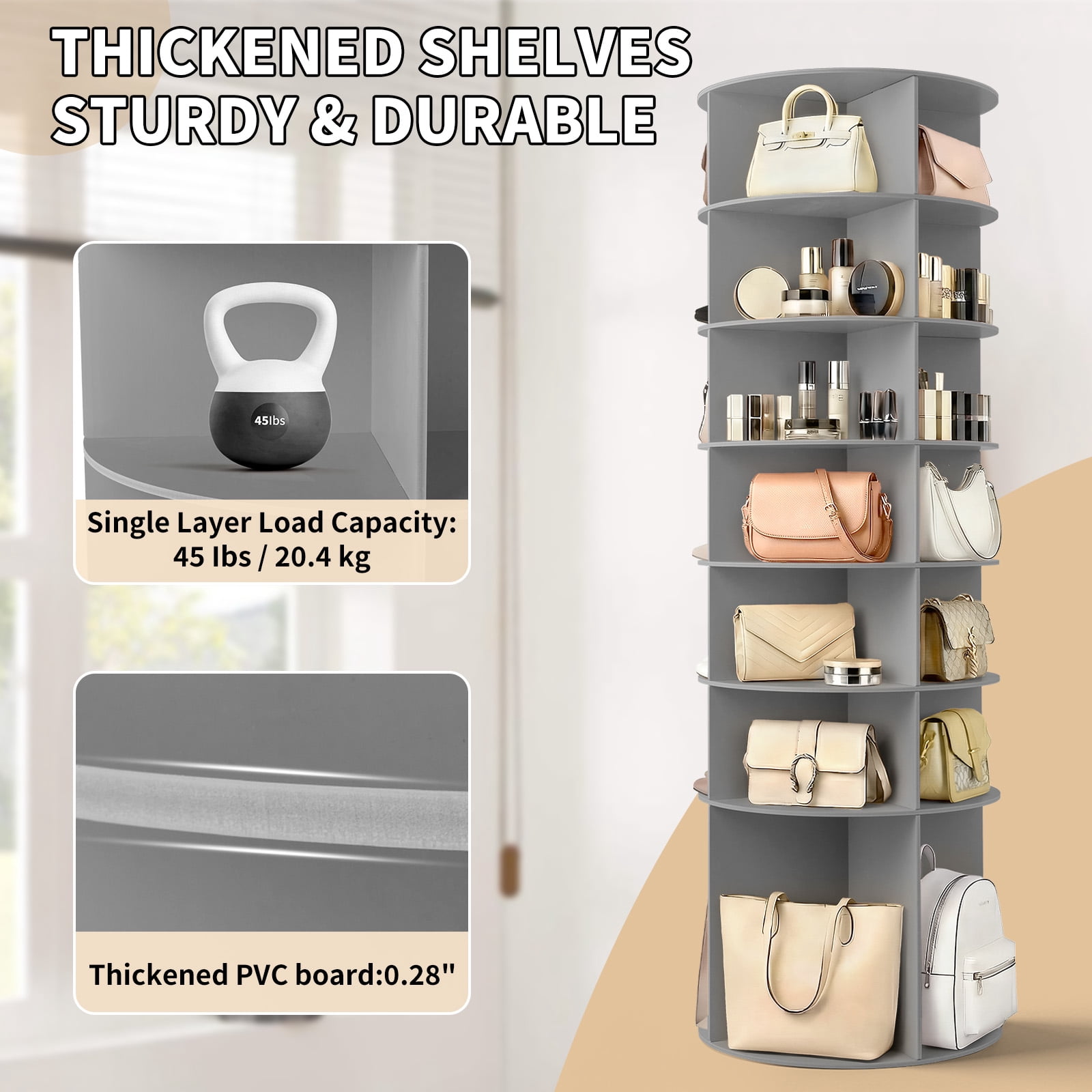 Ktaxon 7-Tier Rotating Shoe Rack Tower,  Free Standing 360° Revolving  Organizer, 28 Pairs of Shoes/ Bag, Gray