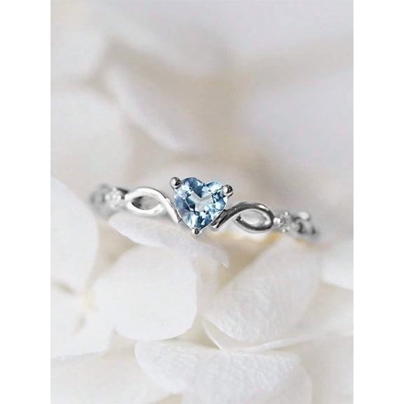Blue Cubic Zirconia Heart Ring For Women, Elegant Silver-Tone Adjustable Jewelry Gift