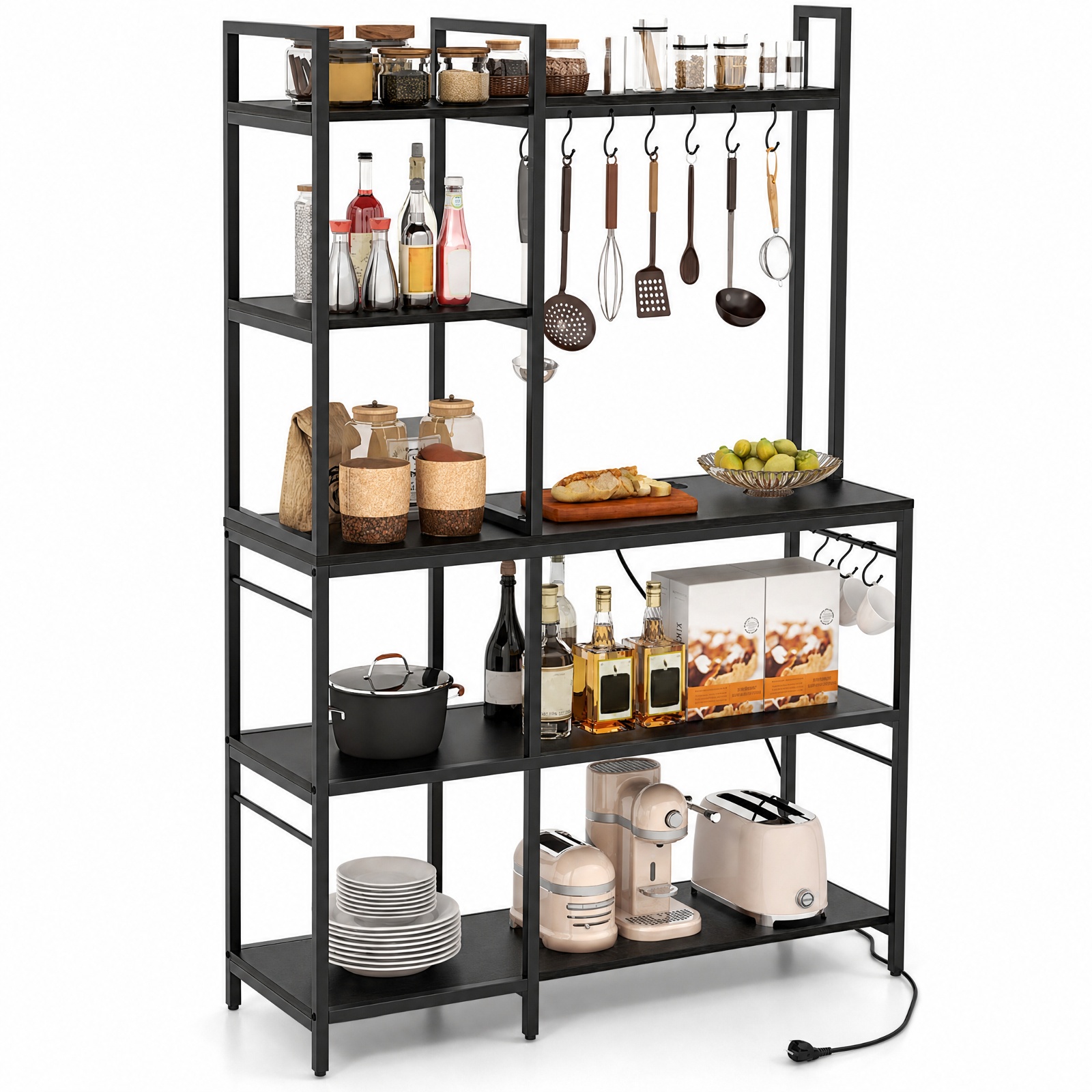 RUIE 5-Tier Baker's Rack with Power Outlets and 10 S-Hooks, Kitchen Storage Stand with Charging Station and Side Hanging Bars, Coffee Bar Shelf, Black