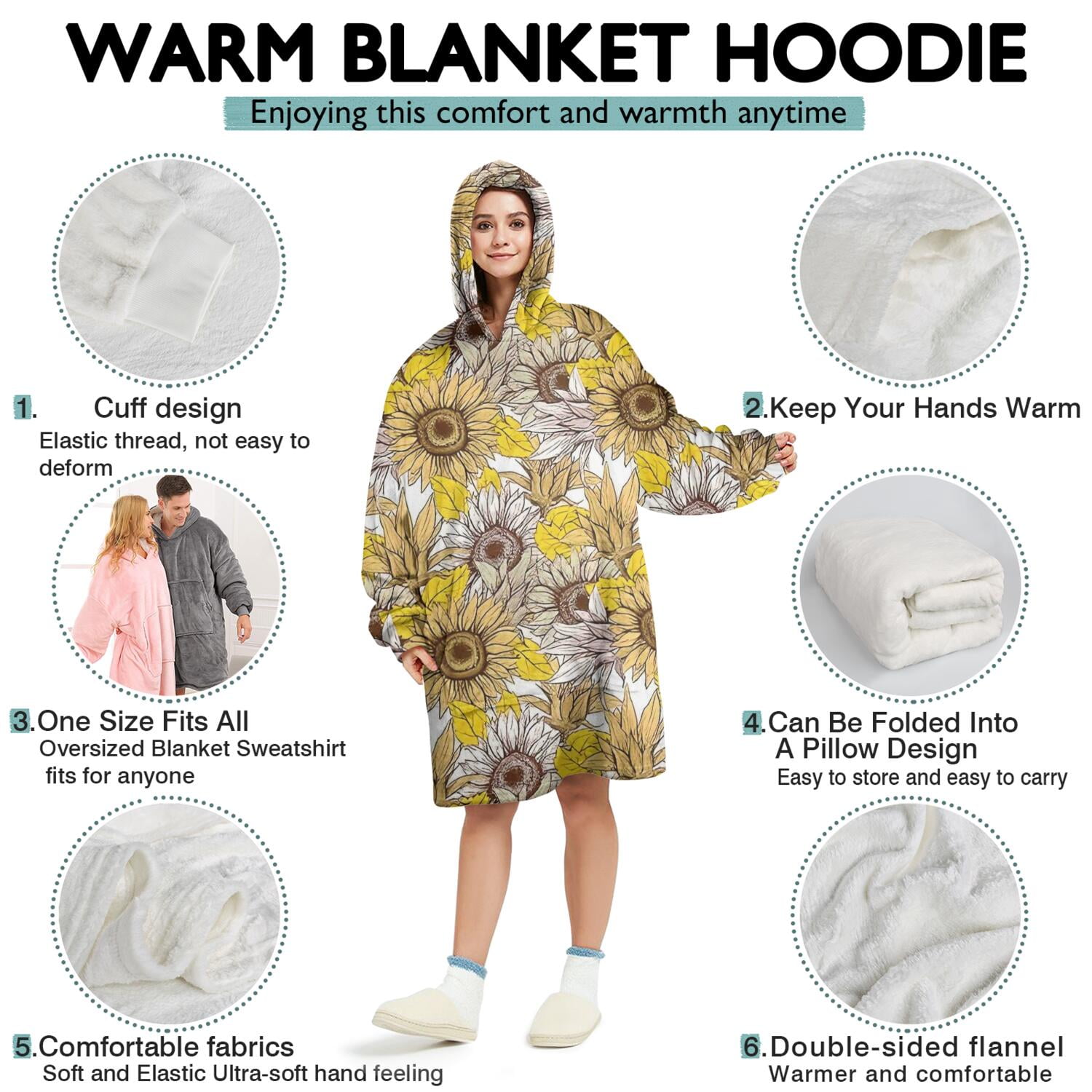 Yellow Brown Sunflower Pattern Wearable Oversized Blanket,Wearable Blanket Hoodie for Adults,Cozy Hooded Blankets with Super Pockets,Super Warm Fuzzy Pullover for Women & Men