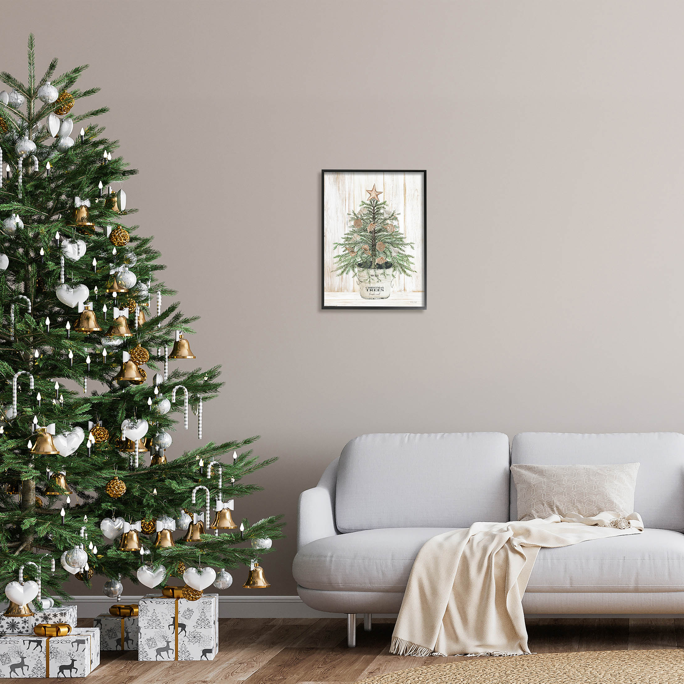 Rustic Seashell Christmas Tree Holiday Graphic Art Black Framed Art Print Wall Art