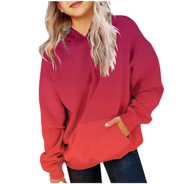 JAKANYQ Sweat à Capuche Décontracté pour Filles Tout-Petits Printemps Dégradé Col Rond Manches Longues avec Poche Rouge 3-4 Ans