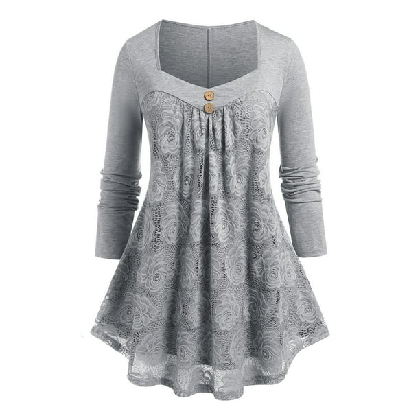 Botón de La Flor de Encaje Plisado Camiseta Rosegal Mangas largas de talla grande