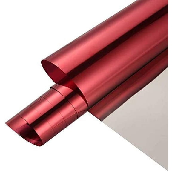 Reflective Window Privacy Film Adhesive One Way Mirror Window Tint Heat Control, Anti UV Day Time Privacy Protection Glass Film for Home and Office, 60Inch x 17.7Inch, Red Silver