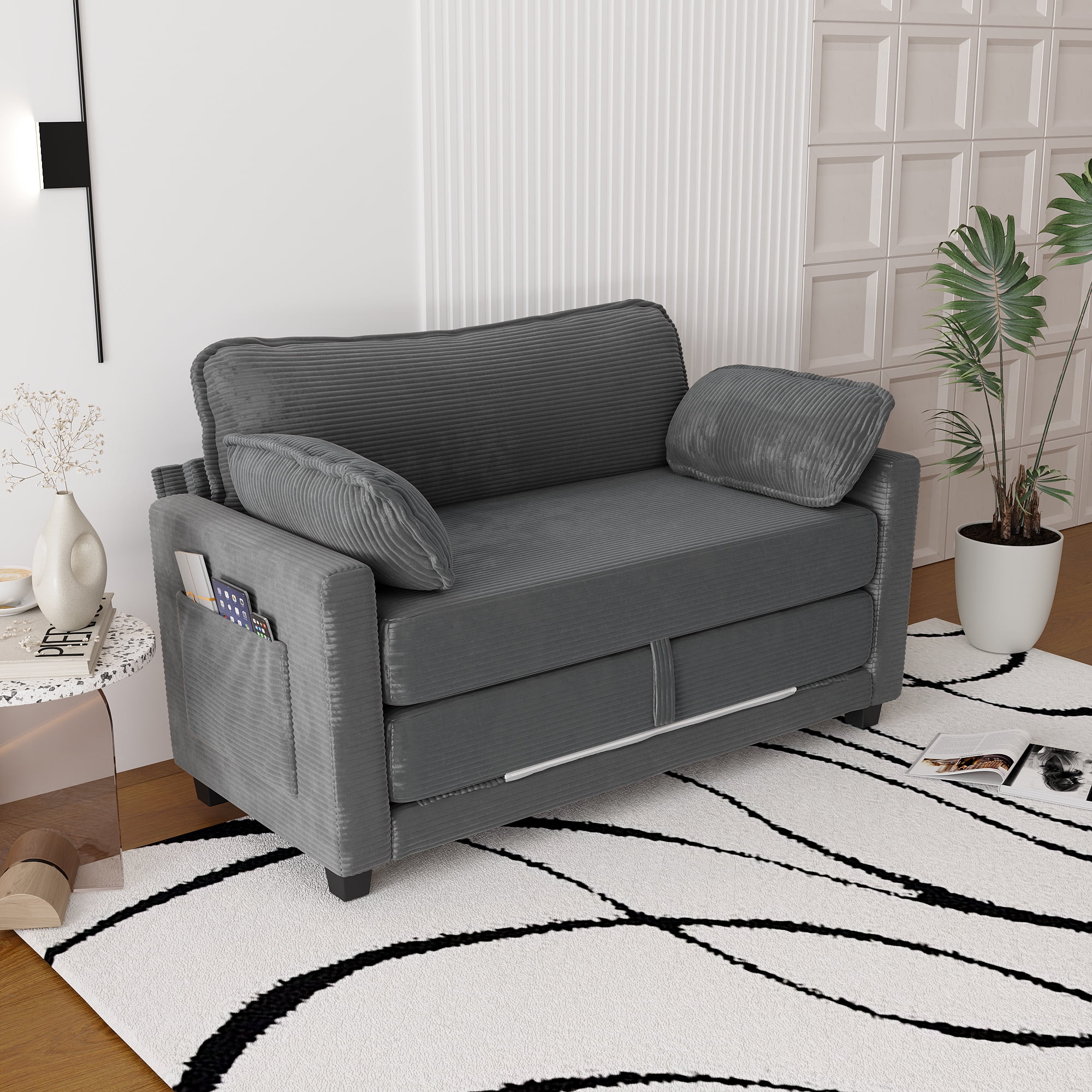 Convertible Sofa Bed, Loveseat Sleeper, 2-in-1 Sofa with Skin-Friendly Corduroy Fabric, Zero-Threshold Form Switch and Side Storage Pocket, for Small Space Living Room, Grey