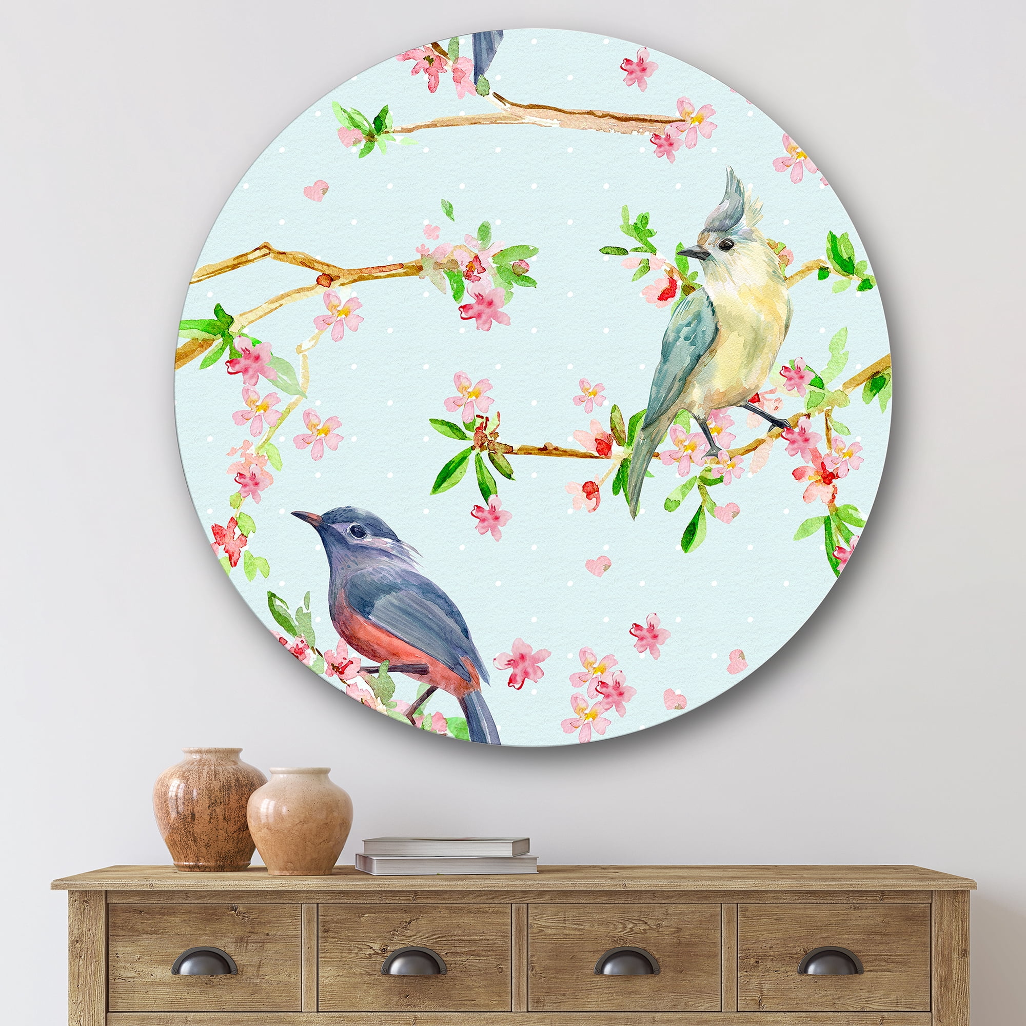 Designart 'Birds and Flowers Pattern In Blue' Traditional Circle Metal Wall Art 36x36 - Disc of 36