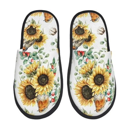 Balery Sunflowers Leaves And Birds Slient Indoor Furry Fleece Comfort House Shoes Soft Non-Slip Home Shoes Cotton slippers House Slippers-- Large