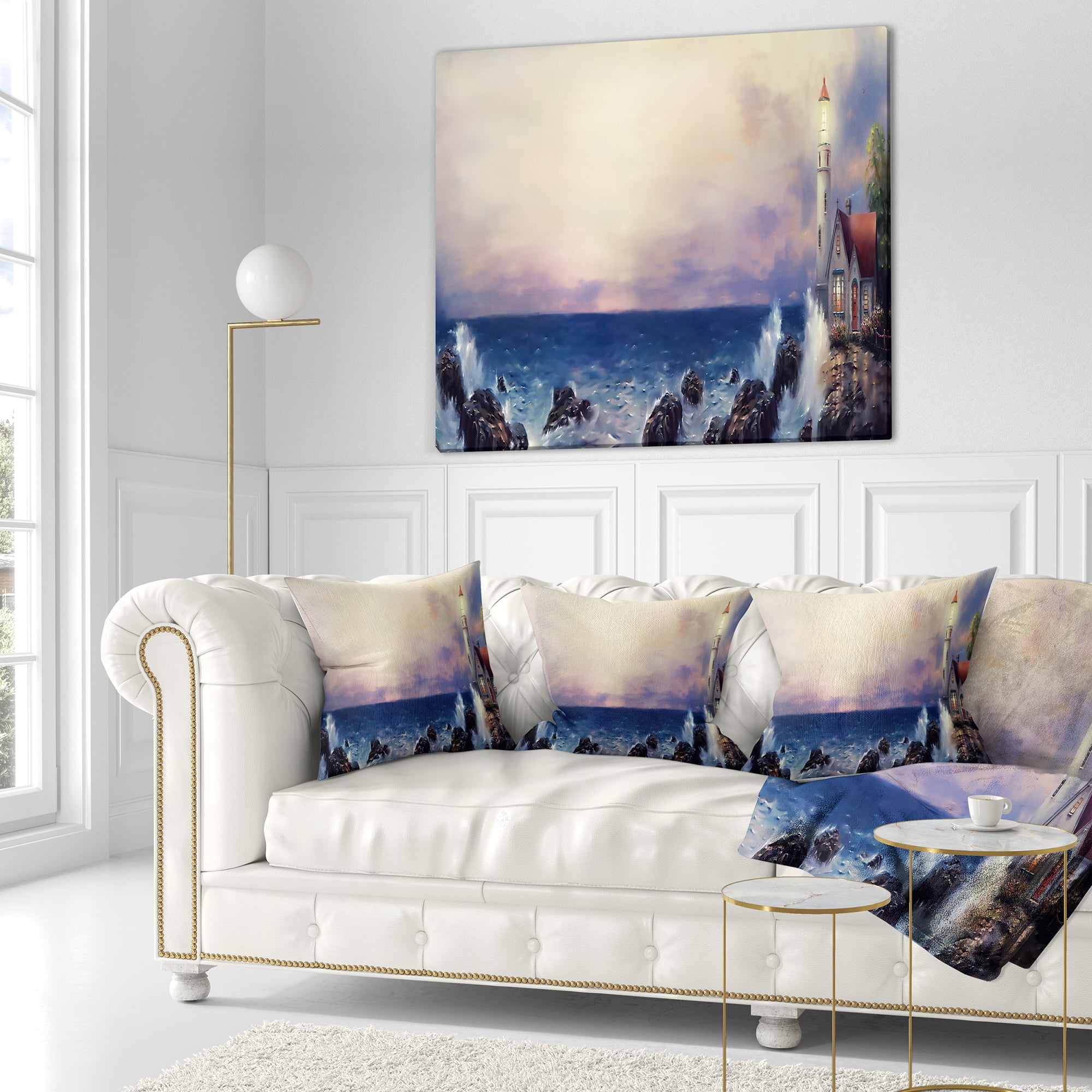 Designart Lighthouse Sea Panoramic - Landscape Printed Throw Pillow - 16x16