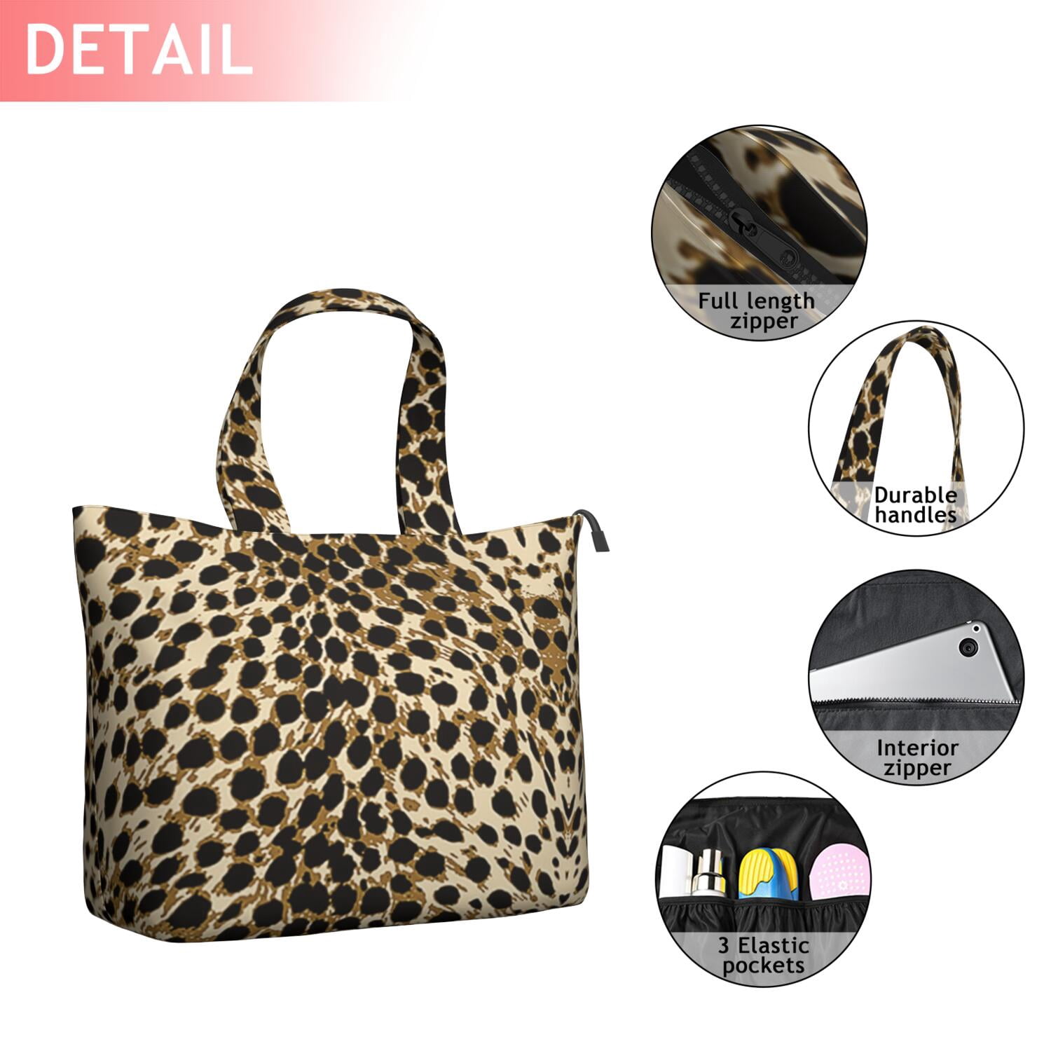 Brown and Black Leopard Print Travel Tote Bags for Women Carry On,Large Weekender Bags for Women Travel,Multi Functional Duffle Bag for Work,Shopping,Sports