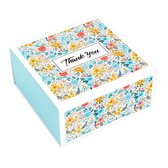 LaRibbons 8" x 8" x 4" Yellow Floral Collapsible Magnetic Gift Box - 2 Pcs Tissue Paper