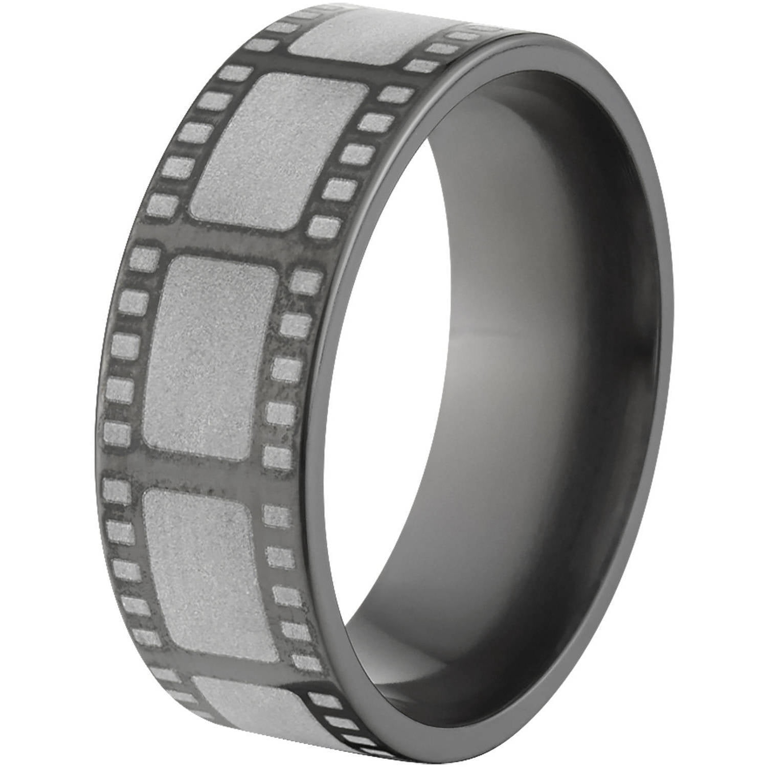8mm Flat Black Zirconium Ring with Movie Film Lasered Around the Ring
