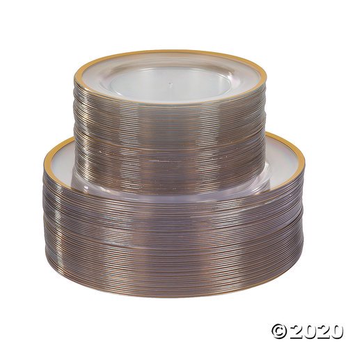 Bulk Premium Clear Plastic Plates with Gold Trim 100 Ct.
