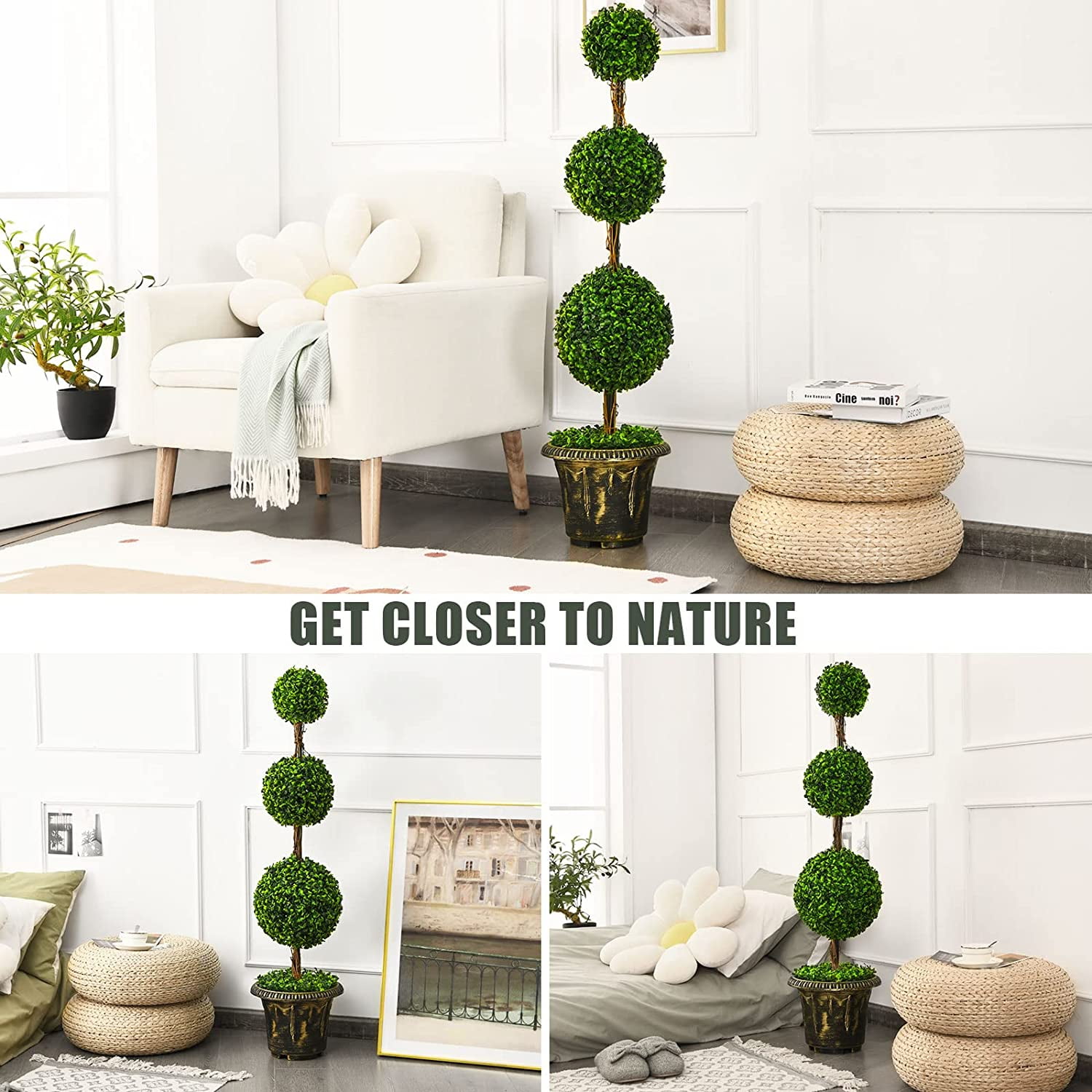 4ft Topiary Trees Artificial Outdoor, Triple Ball Boxwood Topiary w/Cement-Filled Retro Pot, Fake Plants Shrub Bushes for Home, Office, Porch, Front Door, Entrance, Backyard