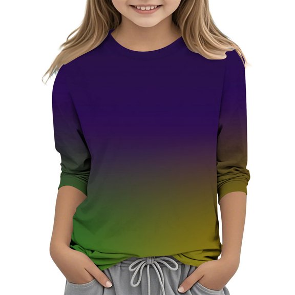 Efsteb Kids Girls' Fashion 3/4 Sleeve Shirt Crew Neck T Shirts Gradient Color Graphic Tee Comfy Soft Casual Loose Blouses (Purple,5 Years)