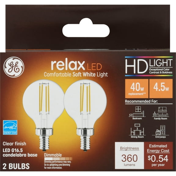 GE Lighting 31755 Clear Finish Light Bulb Relax HD Dimmable LED Decorative G16.5 Globe 4.5 (40-Watt Replacement), 350-Lumen Candelabra Base, 2-Pack, Soft White, 2
