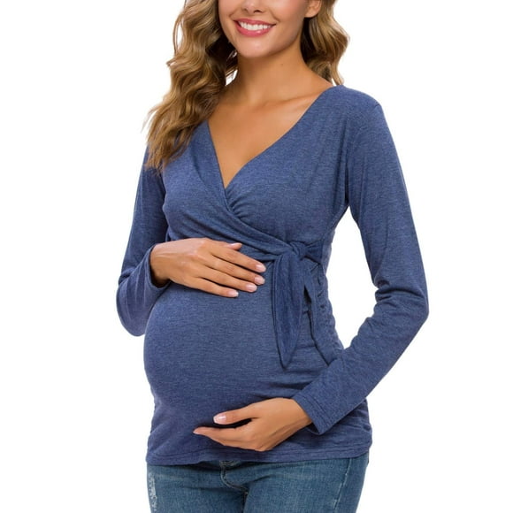 Glampunch Women'S Maternity Shirts Short & Long Sleeve Tie Front Wrap Maternity Tops