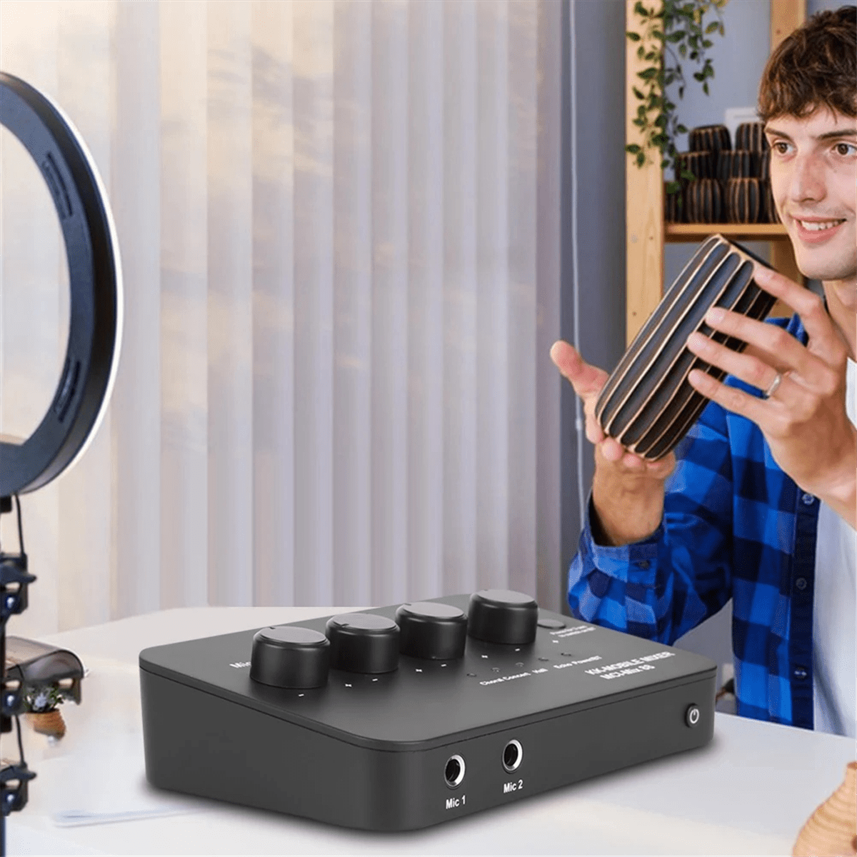Digital Audio Sound Machine AUX IN/OUT BT Connection Dual Mic Inputs Karaoke Sound Mixer for Karaoke Smart TV PC Speaker