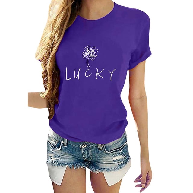Innerwin Tee Manches Courtes Femmes Tops d'Été Travail Lettre de la Chance T Confortable Purpel L