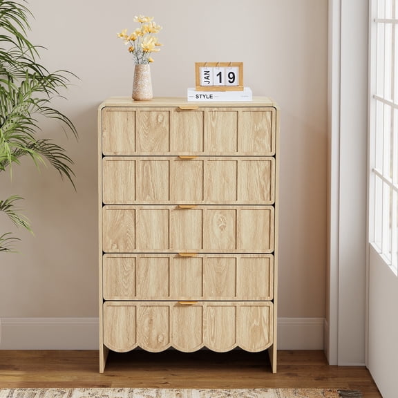 YOCWO 5 Drawer Dresser with Wave Panel, Mid Century Tall Storage Dresser Chest of Drawer for Bedroom, Natural