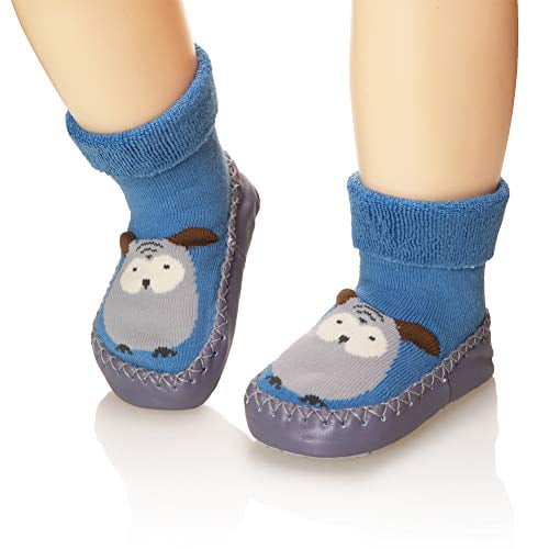 Infant Baby Boy Girls Toddlers Moccasins Non-Skid Indoor Slipper Shoes Socks Booties with Grips 6-12 Months, Grey Blue Green 