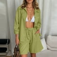 thumbnail image 2 of TANYSU Women's Casual Long Sleeve Shirt And Shorts Sets Loose Fit Summer Outfits Basic Solid Color Button Blouse Shorts Two Piece Outfits For Daily Wear Versatile, 2 of 9