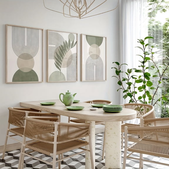 Set of 3 Bohemian Sage Green Geometric Wall Art Prints - Modern Minimalist Abstract Botanical Posters - Mid-Century Landscape Canvas Paintings for Living Room, Bedroom, Home Office Decor - Indoor Po