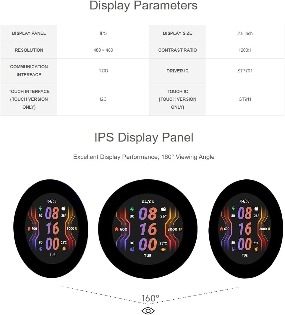 ESP32-S3 2.8inch Round Display Development Board,480×480 Resolution 2.8″I2C Touch LCD RGB Display Supports GPIO, UART and I2C Interfaces,Supports WiFi & Bluetooth