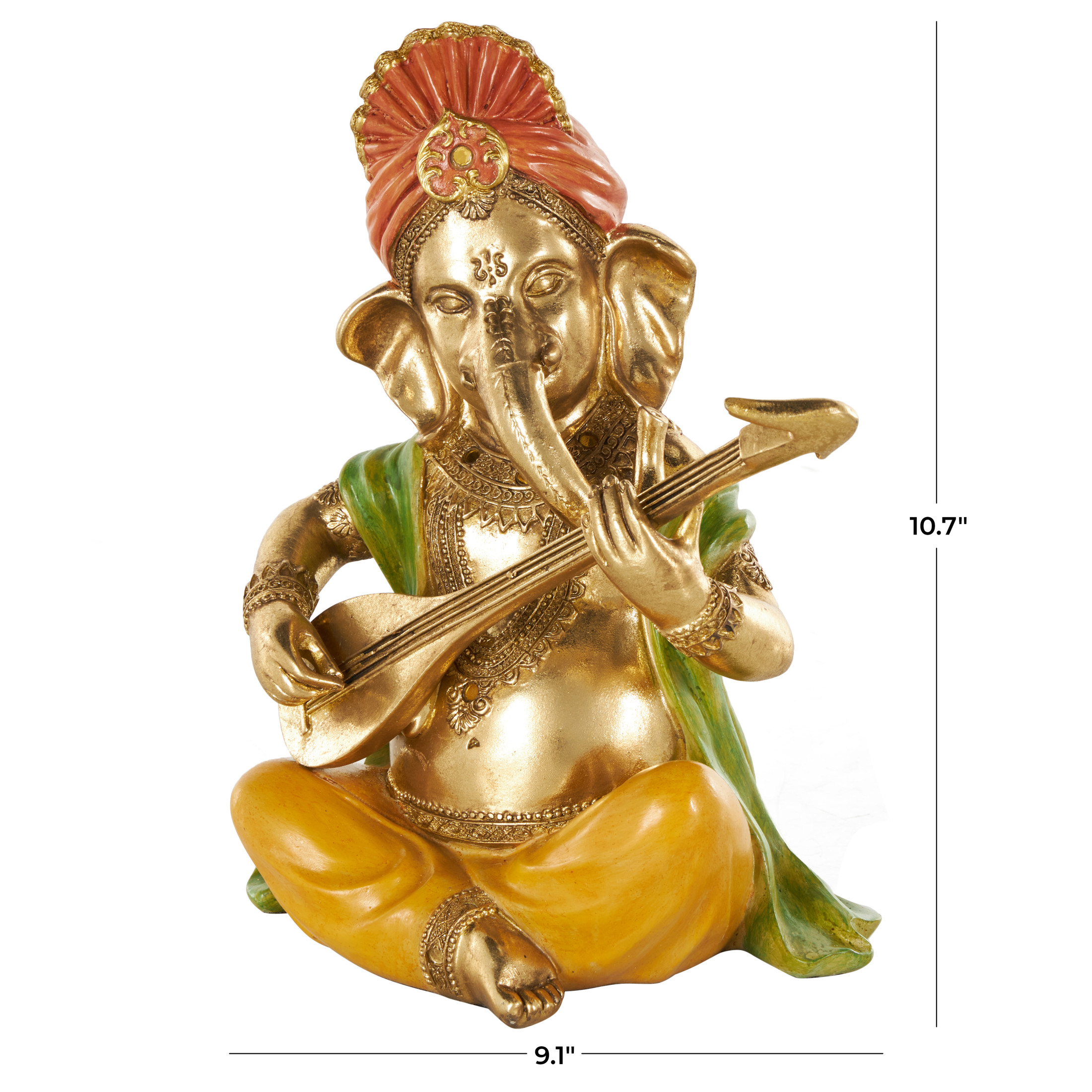 9" x 11" Gold Resin Musician Ganesh Sculpture with Green, Yellow, and Red Accents, by DecMode