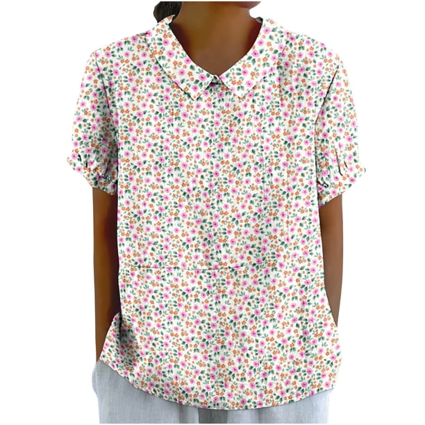 Blusas de Manga Corta para las Mujeres Cuello de Muñeca Lindo Lino Algodón, Impreso Suelto Camiseta para el Uso Casual, Diario Y de Verano