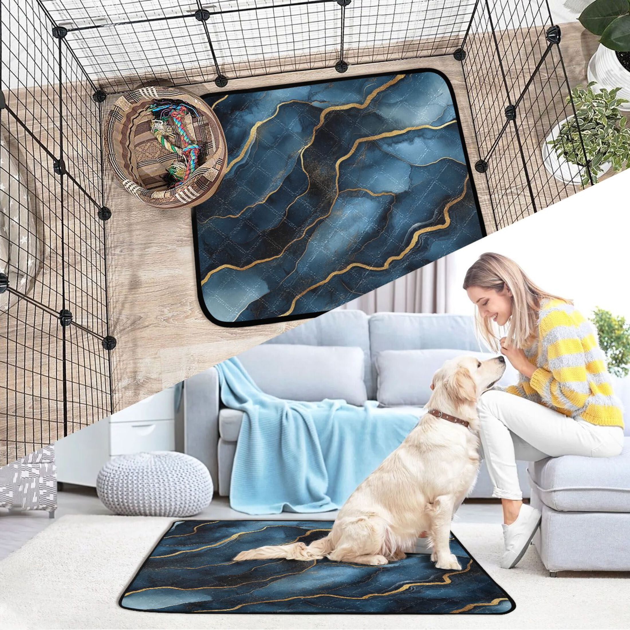 Qxltty Gilt Dark Blue Marble Cat litter Pads Pet Set of 2 Diaper Mats Center Anti-leakage Layer Absorbent Soft and Comfortable