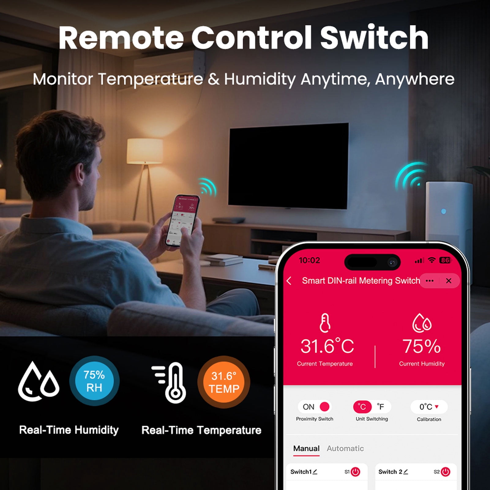 Suodoka WiFi Smart Temperature Humidity Switch 16A DIN Rail Mount Sensor -10-100C / 14-212F for Incubator Breeding Farm