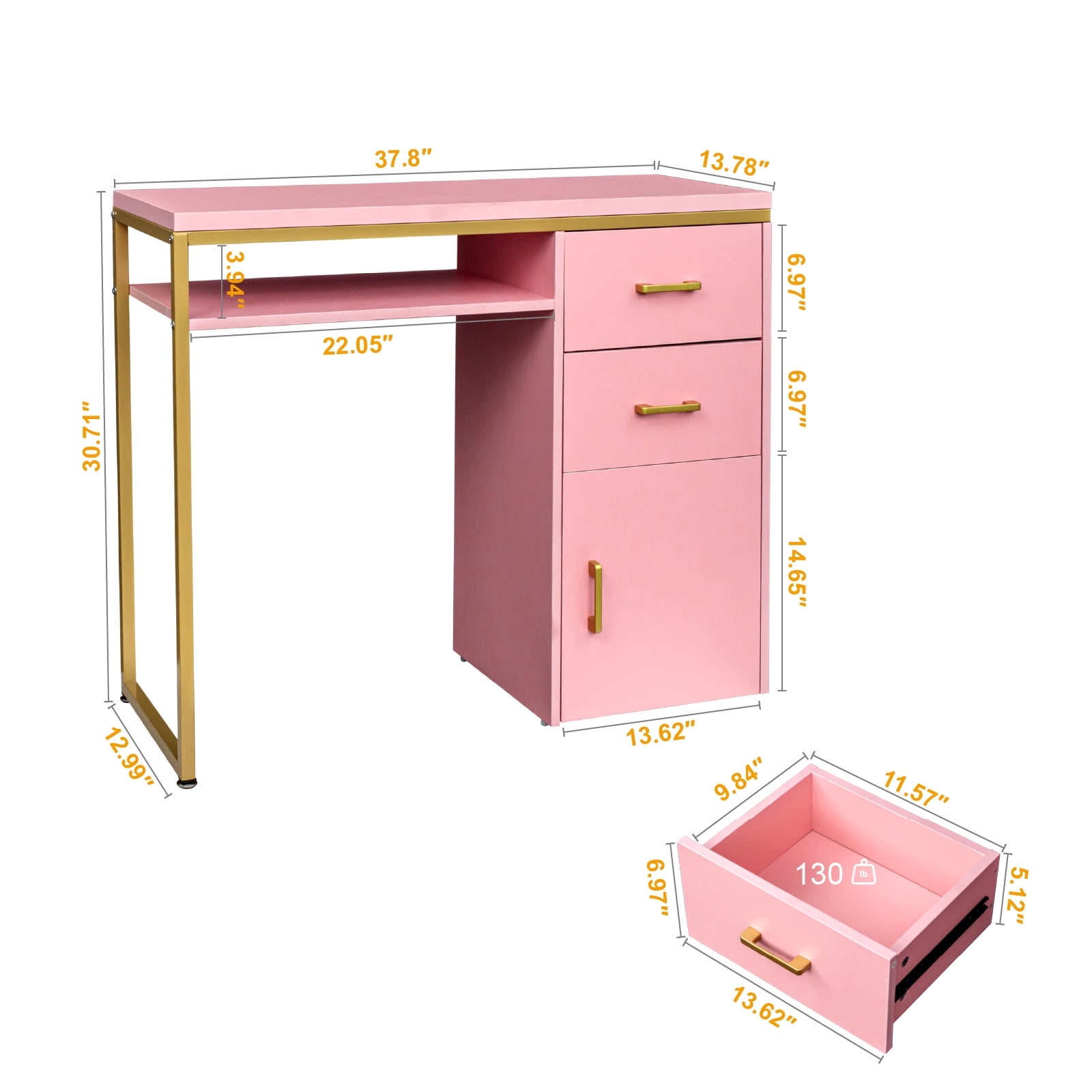 Ktaxon Salon Manicure Table Nail Desk for Nail Tech with Chipboard Top 2 Drawers Iron Frame, Pink