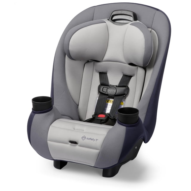 asiento de coche convertible safety 1st ellaris 3 en 1 london blue asiento infantil con orientación trasera y delantera, tapizado london blue y gris, reposacabezas y arnés ajustables en 5 posiciones, diseño delgado que permite 3 en fila, 2 portavasos extraíbles y base compacta apta para viaje; a menudo se usa para trayectos largos por su ajuste y comodidad.