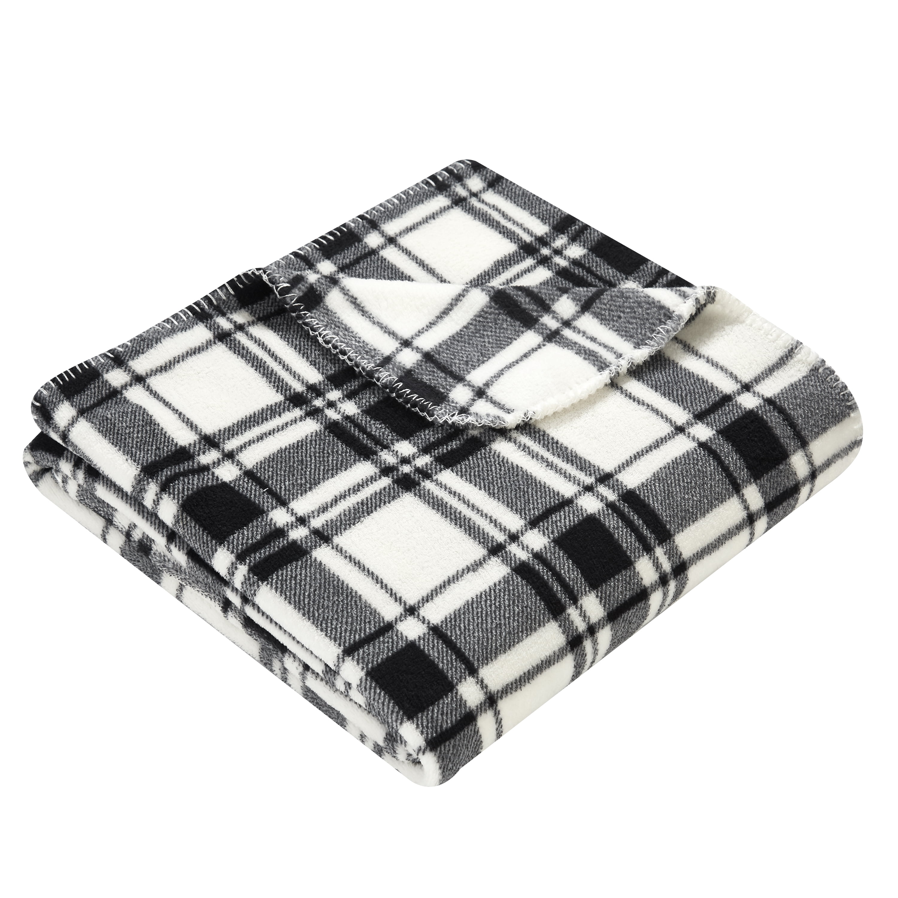 Mainstays Contemporary Black Plaid Fleece Plush Throws, 60" x 50", Washable 2 Count