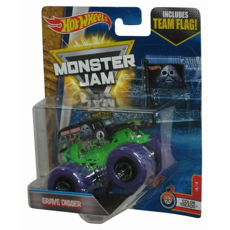 Hot Wheels Monster Jam Color Treads 4/4 (2016) Purple & Green Grave Digger Toy Truck w/ Team Flag