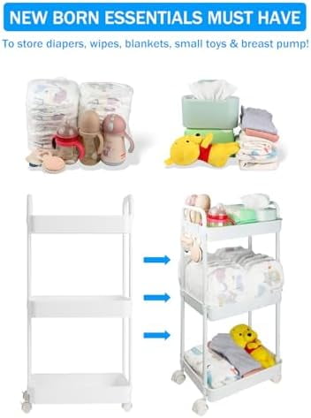3-Tier Movable Diaper Cart with Wheels, Newborn Essentials Must Haves - Plastic White