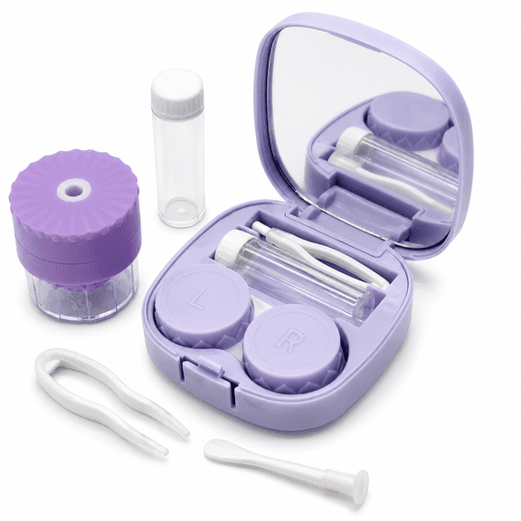 Travel Size Contact Lens Case with Cleaning Gaskets, Contact Lenses, Contact Lenses Removal Tool Kit with Mirror, Solution Bottle - Purple - 1pack