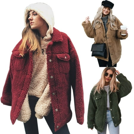 - Womens Oversized Teddy Bear Lapel Coat Ladies Faux Fur Borg Button Jacket With Pockets