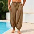 thumbnail image 7 of WULMLEO Mens Harem Pants Casual Elastic Waist Drawstring Baggy Hippie Trousers Cotton Linen Boho Yoga Beach Pants Brown 3XL, 7 of 7